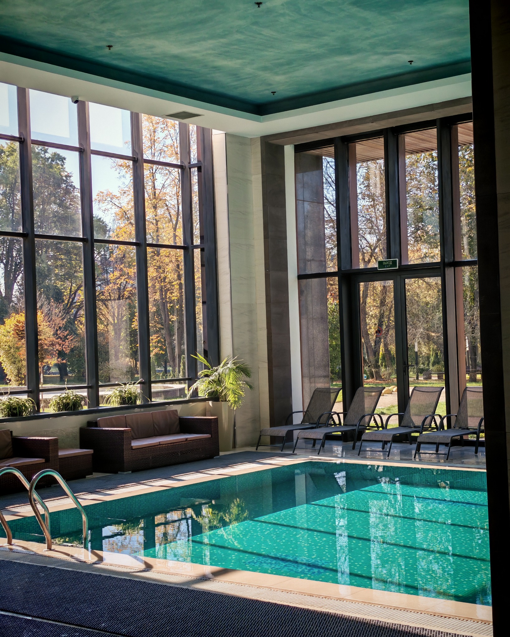 A sunlit indoor pool beside tall windows